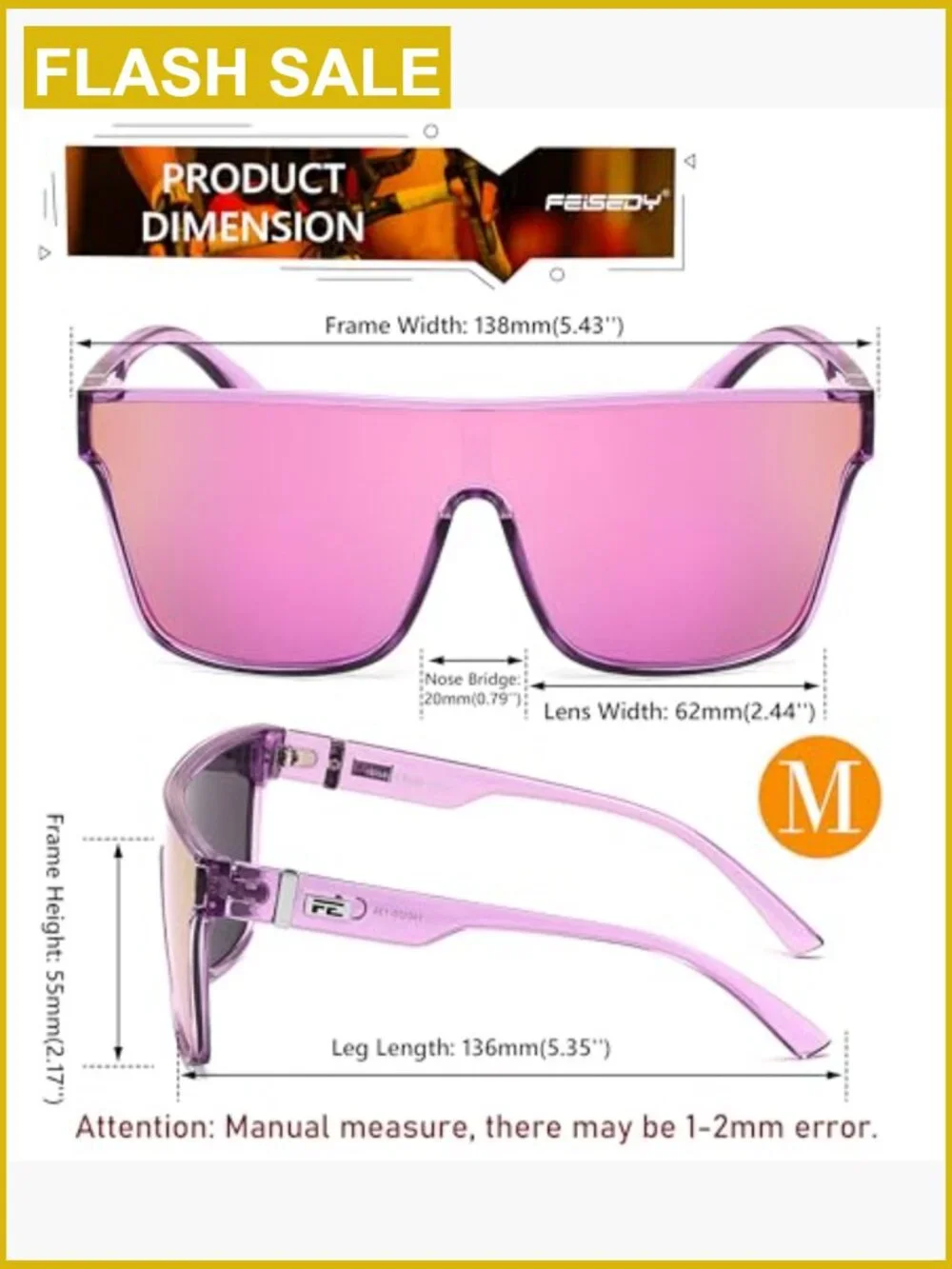 Oversized Mirrored Shield Sunglasses UV400 Square Frame Unisex